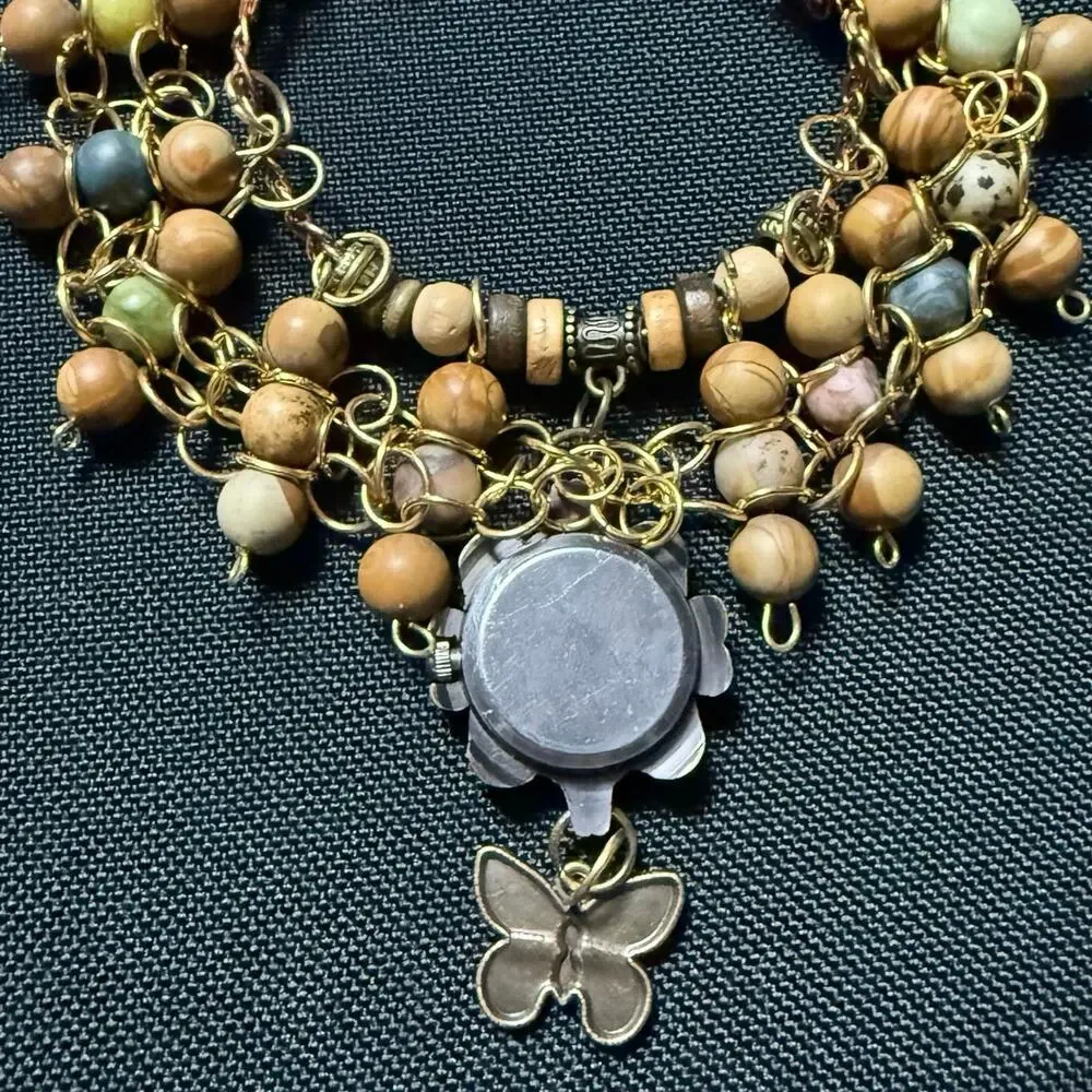 Handmade Boho Butterfly Watch Bracelet NEW Battery Wood & Stone Bead Cuff